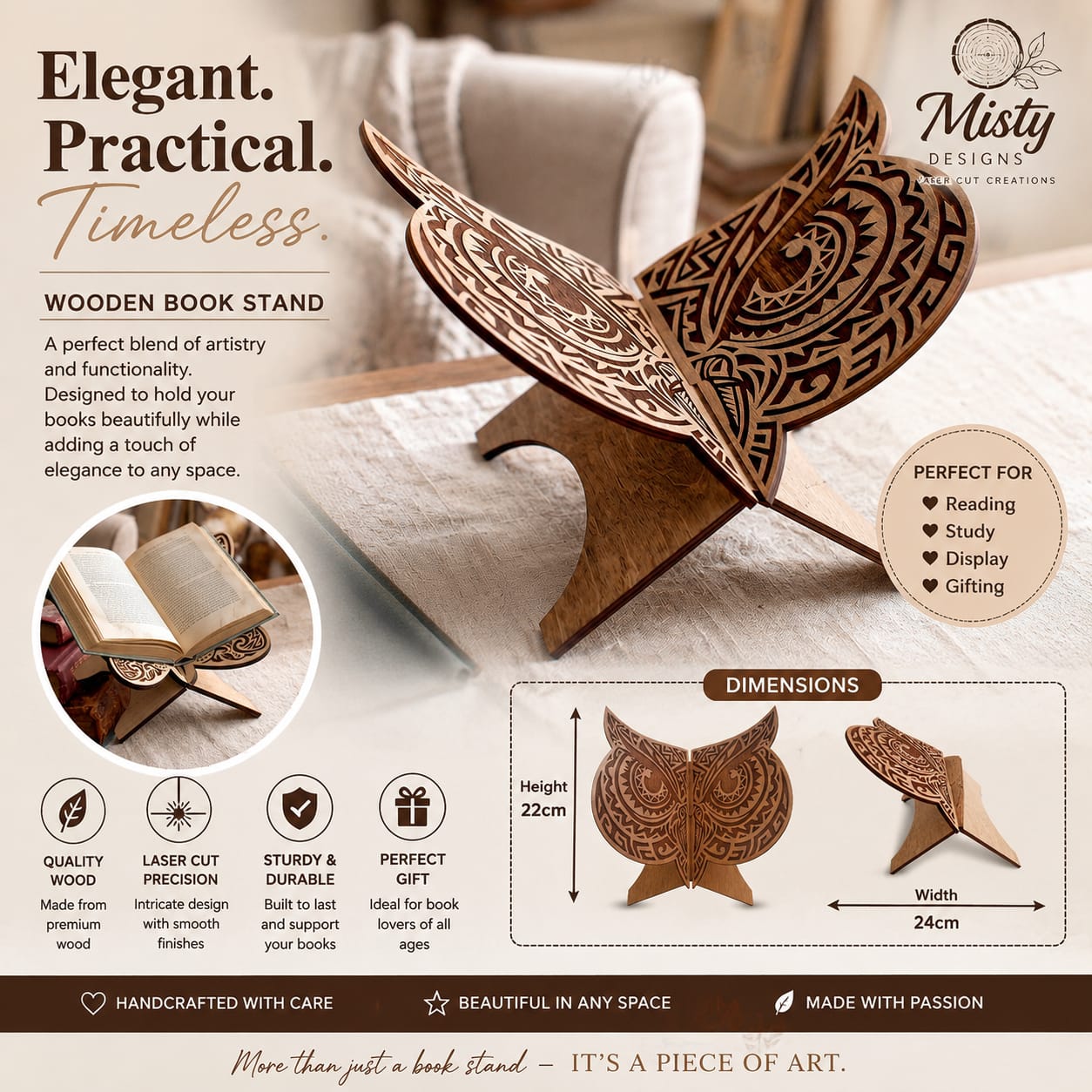 🌿 Wooden Book Stand – Elegant & Practical Owl