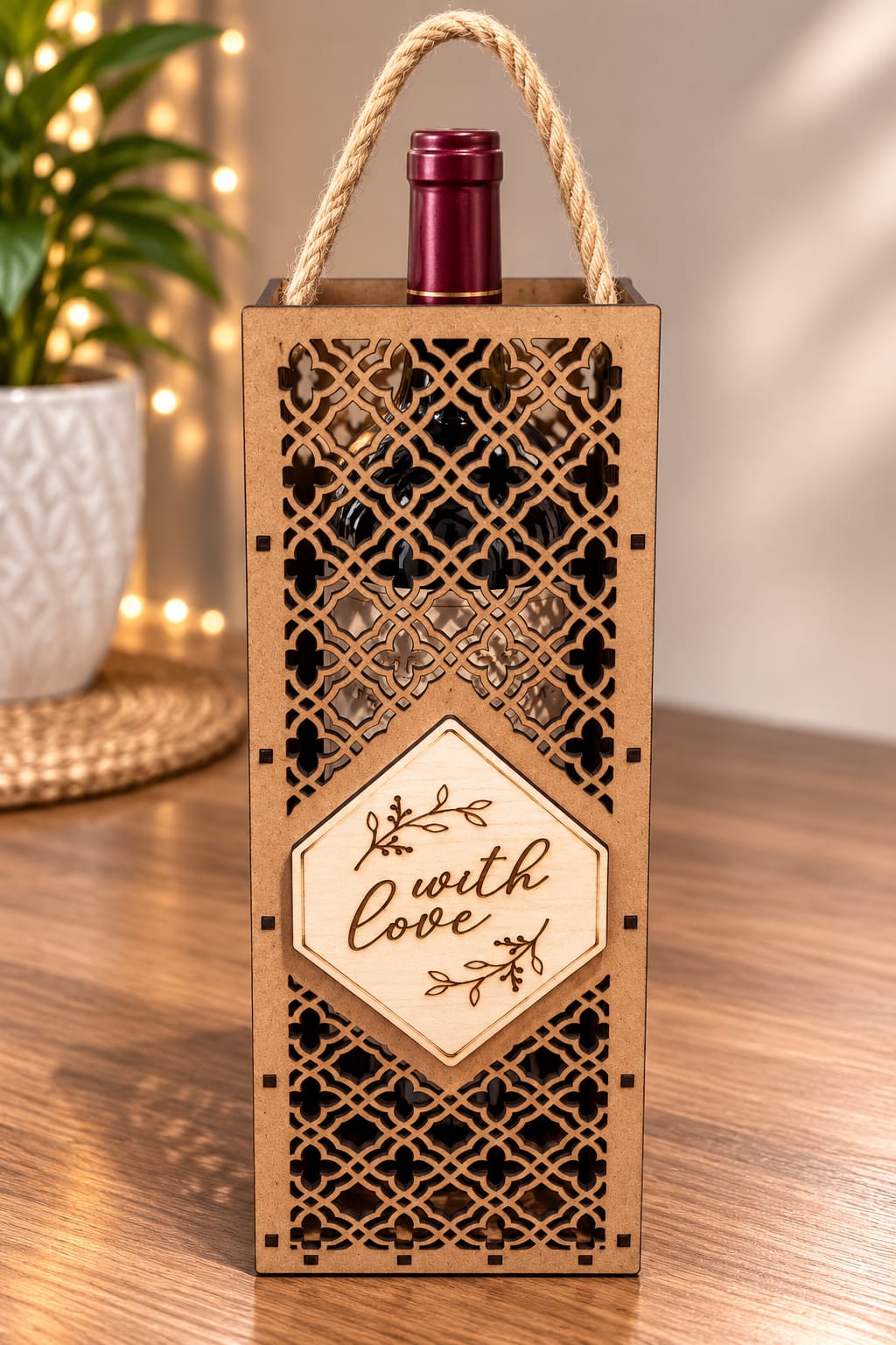 Elegant Laser-Cut Wooden Wine Gift Box
