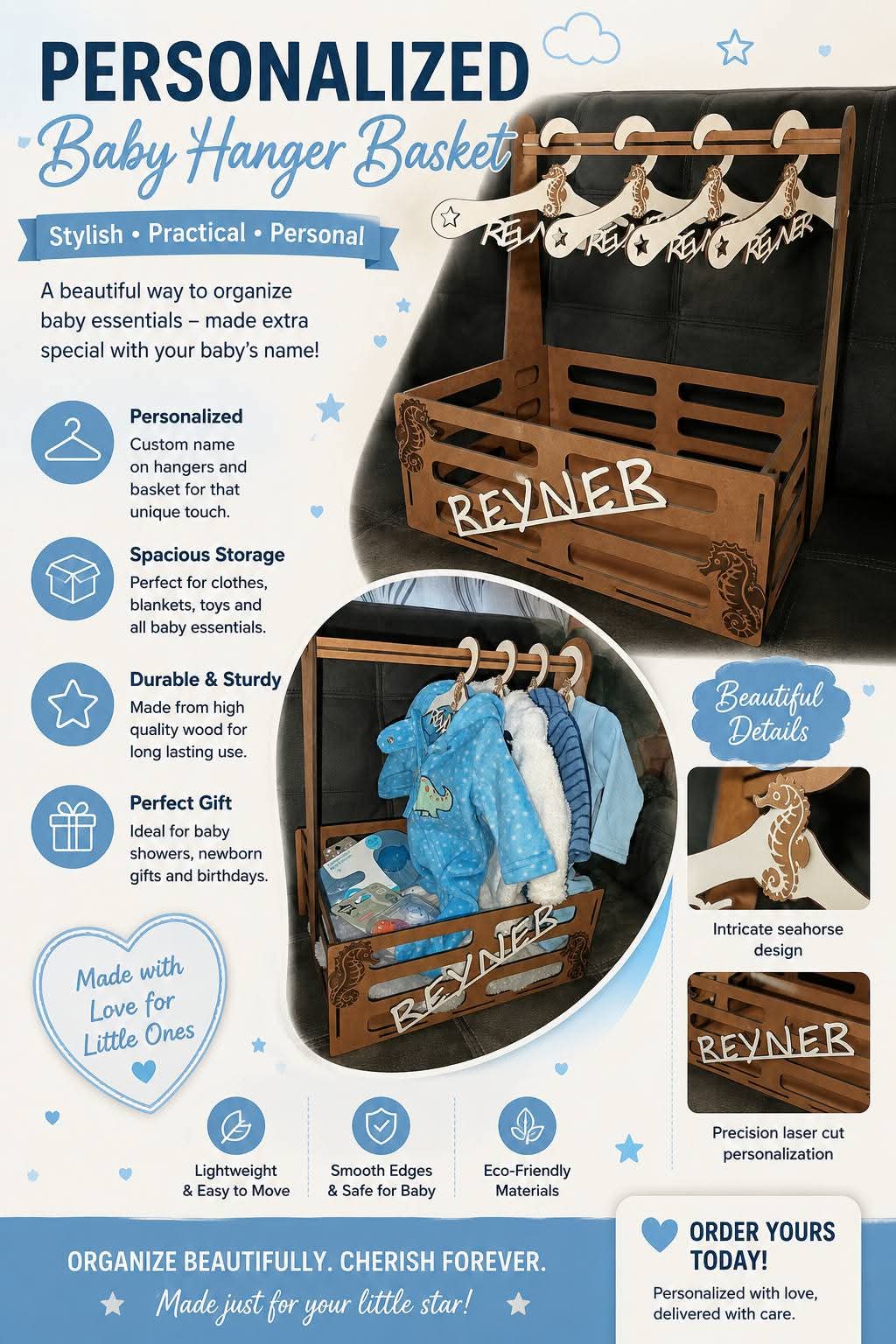 Personalized Baby Hanger Basket with Custom Hangers