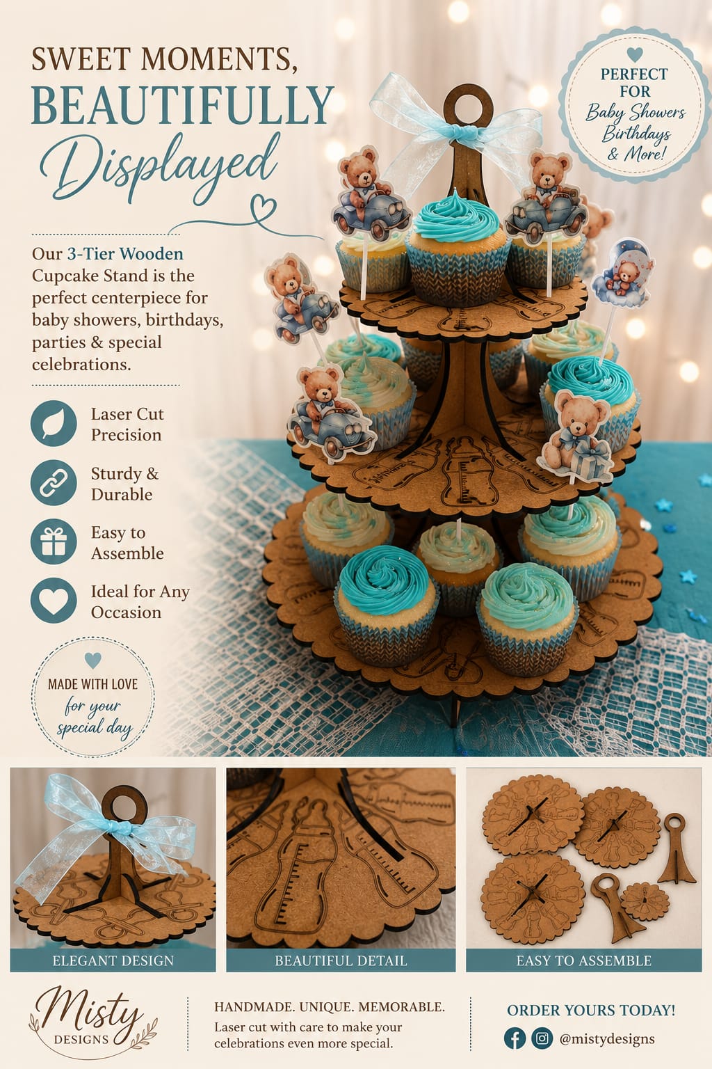 3-Tier Wooden Baby Shower Cupcake Stand