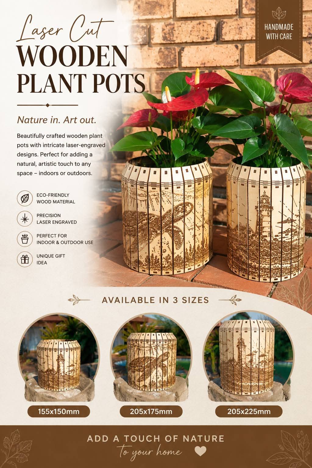 Laser Engraved Wooden Plant Pot Covers Size 205x225 Turtle
