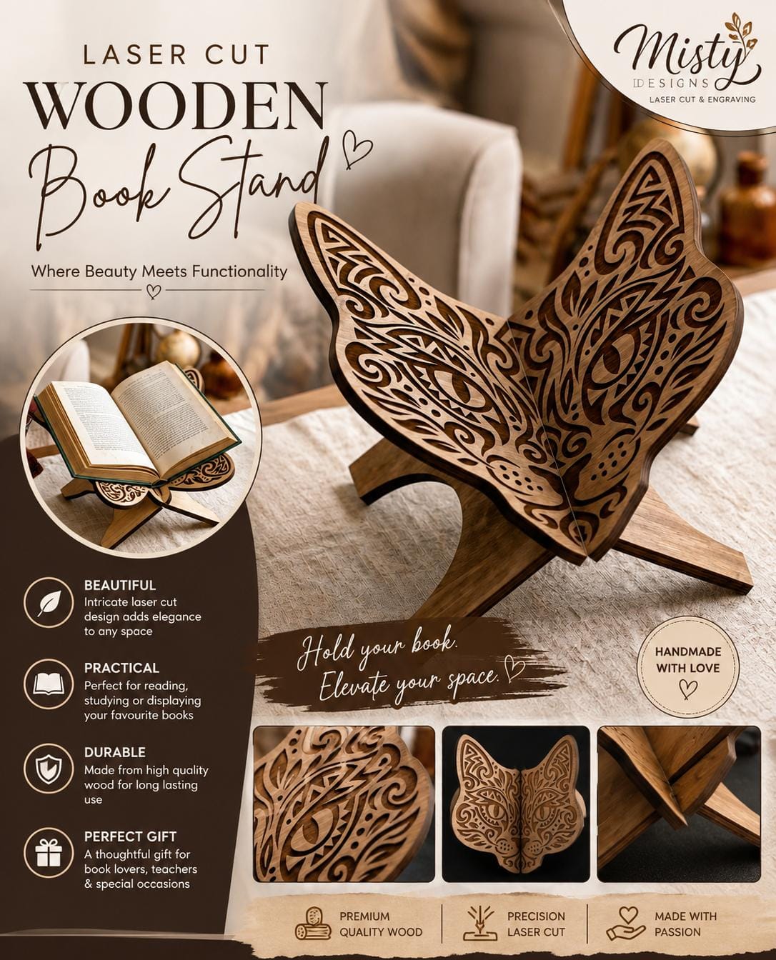 🌿 Laser-Cut Wooden Book Stand Cat 📖